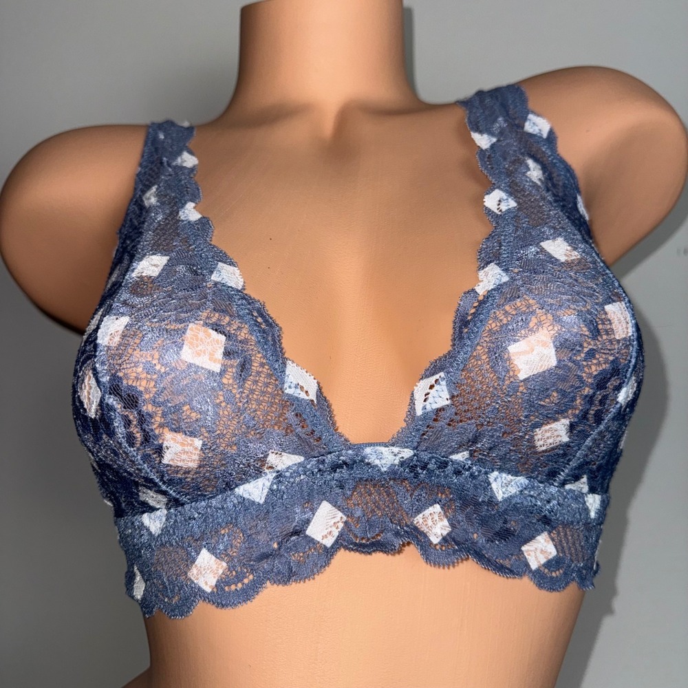 Cosabella Never Say Never Curvy Italian Bralette Blue White Diamond Lace‎ Small